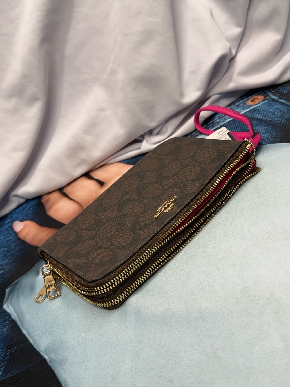 (new+tag) Coach Double-Zip Wristlet Brown Signature Monogram - Pink Wrist Strap - Picture 11 of 12